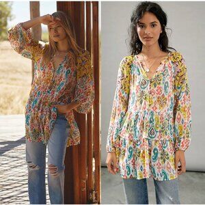 ANTHROPOLOGIE Maureen Babydoll Tiered Tunic Blouse Boho Colorful Size M